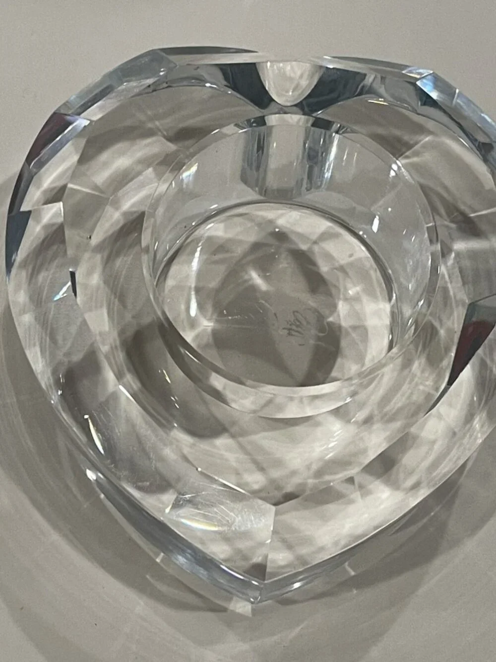 Oleg Cassini: Crystal Heart Shaped Glass Votive Candle Holder Clear Signed